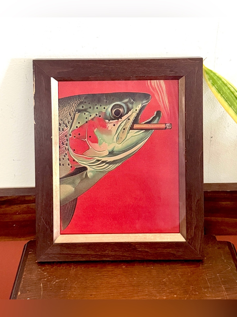 Trout Fish Smoking a Cigarette Vintage Style Canvas Wall Art Print Wood Framed